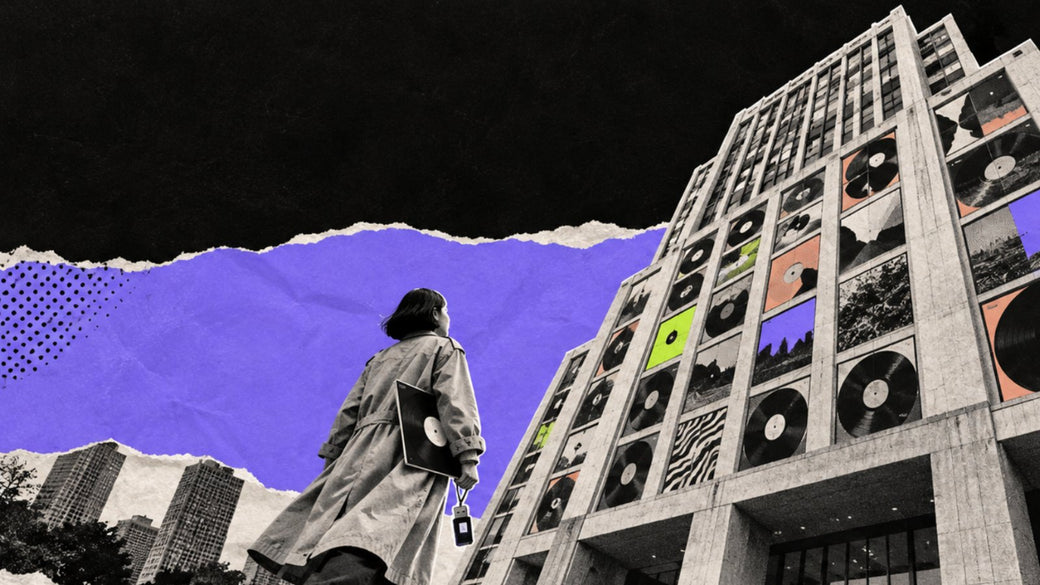 Collage of a young woman in a trench coat holding a vinyl record and a USB stick, looking up at a tall record label building whose windows are filled with vinyl records