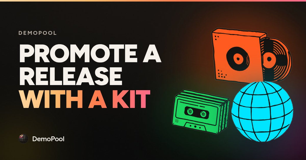 DemoPool cover: Promote a release with a kit, with a vinyl record sleeve, a cassette stack and a globe icon on a dark background